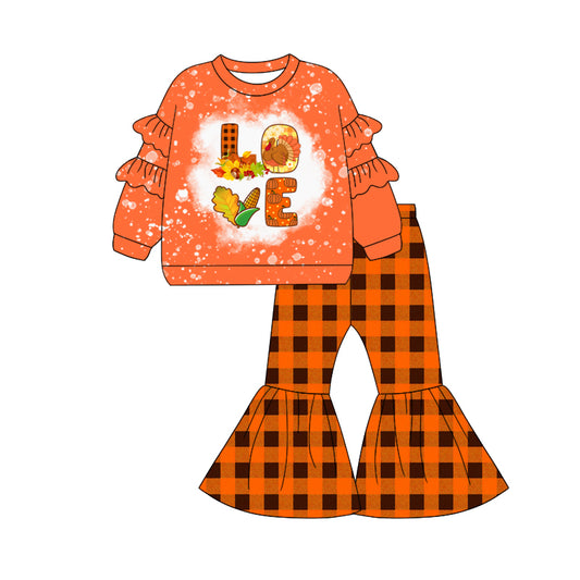 (Pre-order)GLP2550 LOVE Turkey Top Plaid Bell Pants Girls Thanksgiving Clothes Set