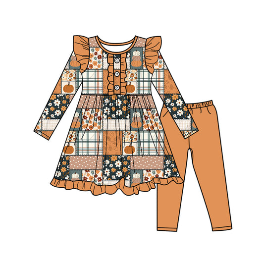 (Pre-order)GLP2553 Pumpkin Flowers Plaid Tunic Top Orange Pants Girls Fall Clothes Set