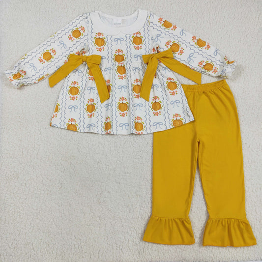 GLP2554 Pumpkin Flowers Bows Tunic Top Orange Pants Girls Fall Clothes Set