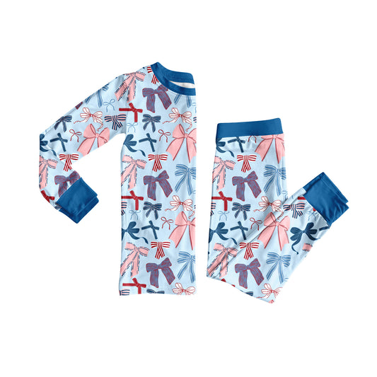 (Pre-order)GLP2555 Red Bows Blue Print Girls Fall Pajamas Clothes Set
