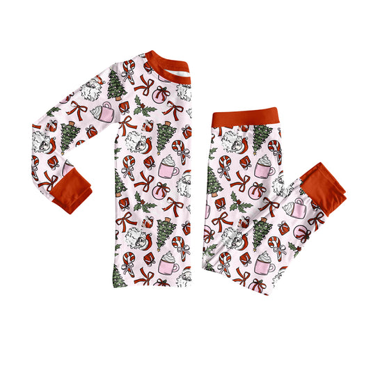 (Pre-order)GLP2557 Santa Candy Cane Bows Print Girls Christmas Pajamas Clothes Set