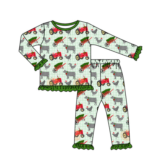 (Pre-order)GLP2561 Tractors Animals Print Girls Christmas Pajamas Clothes Set