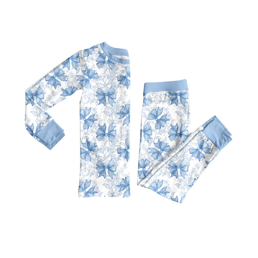 (Pre-order)GLP2565 Blue Bows Print Girls Pajamas Clothes Set