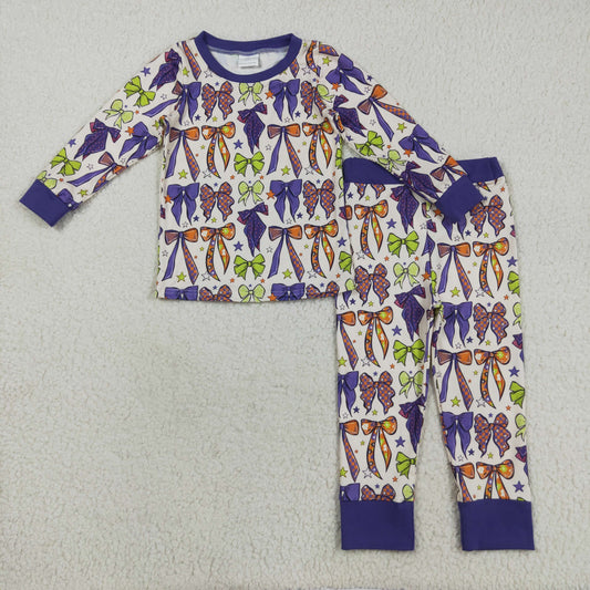 GLP2566 Purple Bows Print Girls Halloween Pajamas Clothes Set