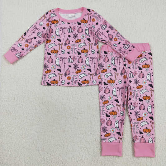 GLP2567 Spooky Pumpkin Bows Pink Print Girls Halloween Pajamas Clothes Set