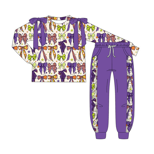 (Pre-order)GLP2570 Purple Bows Top Ruffle Pants Girls Halloween Clothes Set