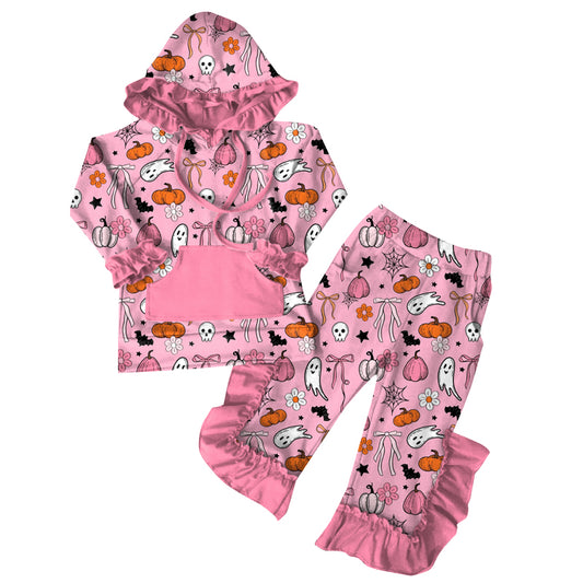 (Pre-order)GLP2571 Ghost Pumpkin Bows Pink Hoodie Top Ruffle Pants Girls Halloween Clothes Set