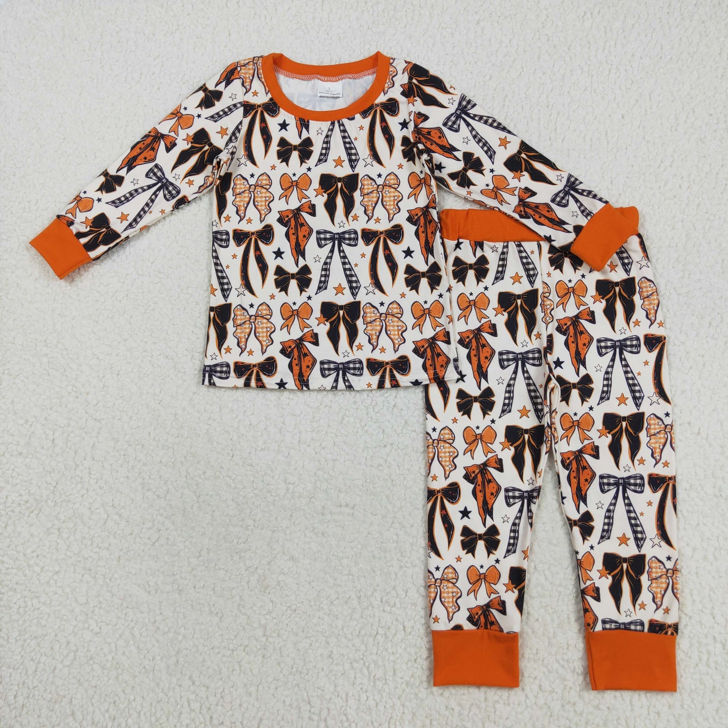 GLP2573 Orange Bows Print Girls Halloween Pajamas Clothes Set