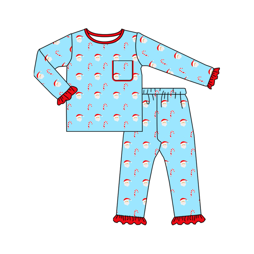 (Pre-order)GLP2574 Santa Blue Print Girls Christmas Pajamas Clothes Set