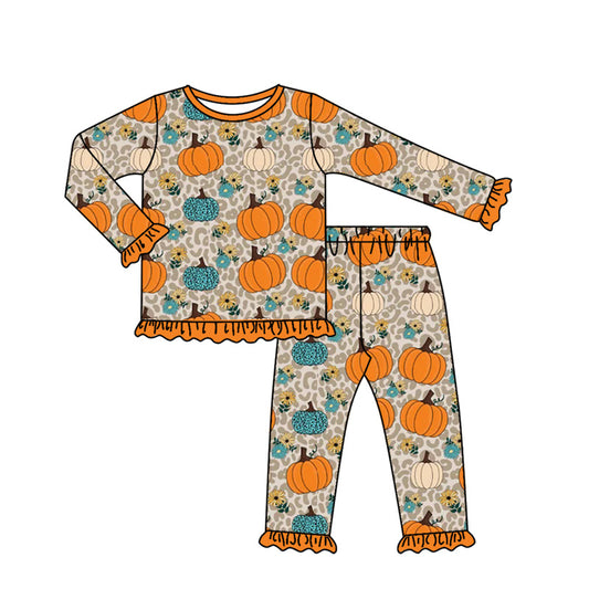 (Pre-order)GLP2576 Pumpkin Flowers Print Girls Fall Pajamas Clothes Set