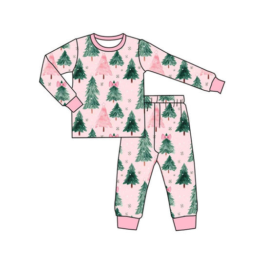 (Pre-order)GLP2578 Pumpkin Flowers Bows Print Girls Christmas Pajamas Clothes Set