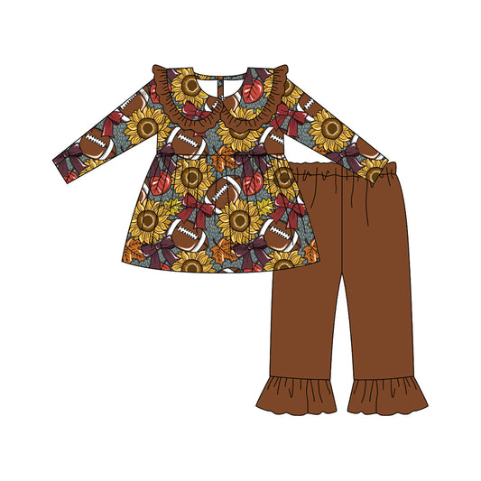 (Pre-order)GLP2579 Sunflowers Football Tunic Top Brown Pants Girls Fall Clothes Set