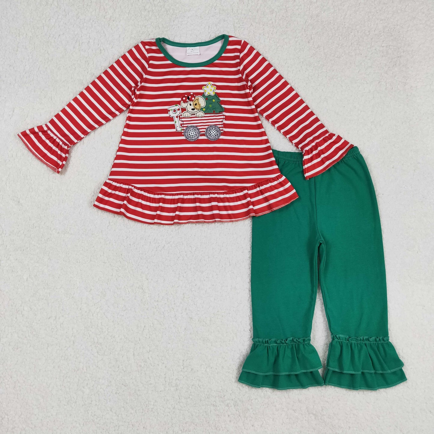GLP2580 Dog Tree Embroidery Stripes Tunic Top Green Pants Girls Christmas Clothes Set