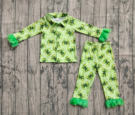 (Pre-order)GLP2581 Green Bows Plaid Print Girls Christmas Buttons Fur Pajamas Clothes Set