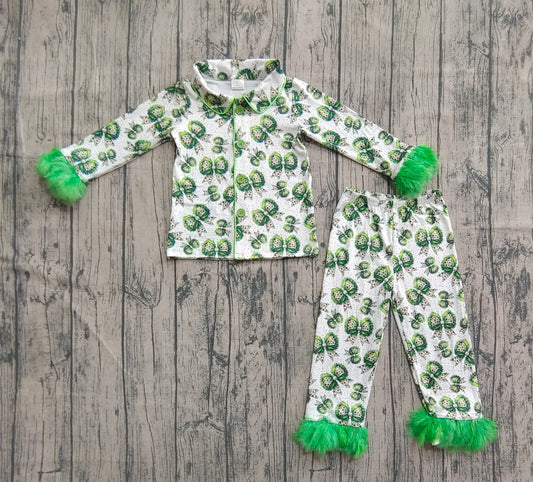 (Pre-order)GLP2582 Green Bows Print Girls Christmas Buttons Fur Pajamas Clothes Set