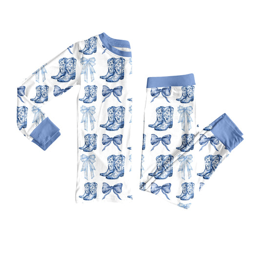 (Pre-order)GLP2583 Bows Boots Blue Print Girls Western Pajamas Clothes Set