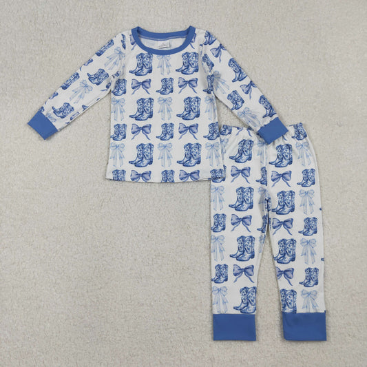 GLP2583 Bows Boots Blue Print Girls Western Pajamas Clothes Set