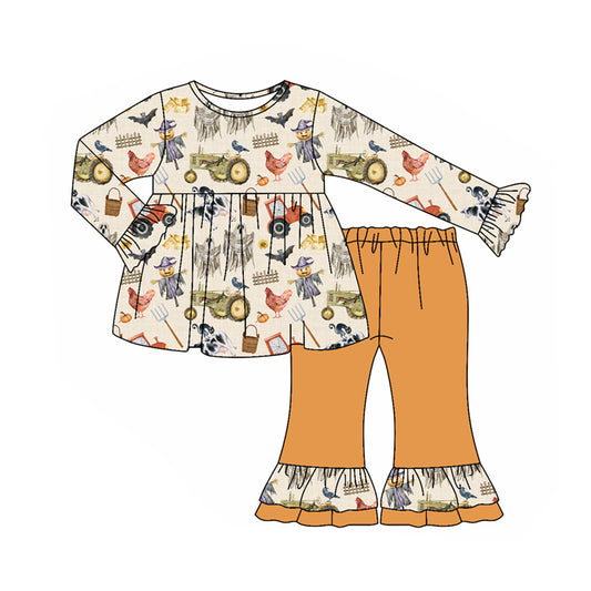 (Pre-order)GLP2585 Farm Animals Spooky Tunic Top Ruffle Pants Girls Halloween Clothes Set