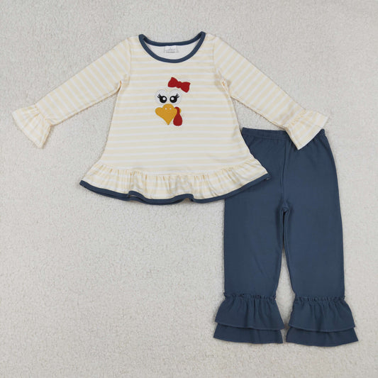 GLP2588 Turkey Embroidery Stripes Tunic Top Navy Pants Girls Thanksgiving Clothes Set