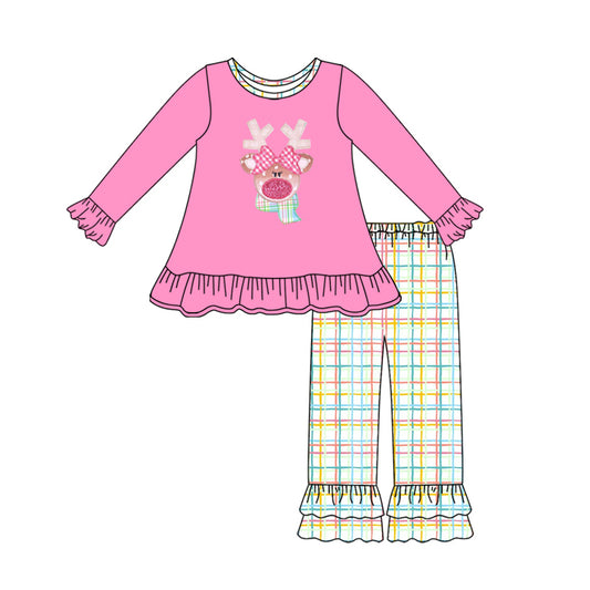 (Pre-order)GLP2589 Deer Pink Tunic Top Plaid Ruffle Pants Girls Christmas Clothes Set