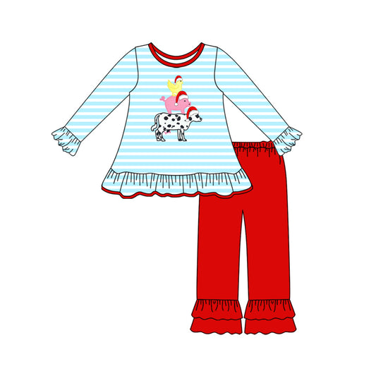 (Pre-order)GLP2590 Farm Animals Stripes Tunic Top Red Pants Girls Christmas Clothes Set