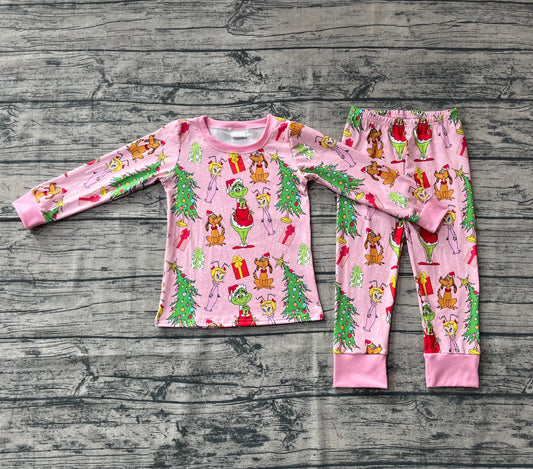 (Custom Design Preorder MOQ 20) Green Frog Pink Print Girls Christmas Bamboo Pajamas Clothes Set