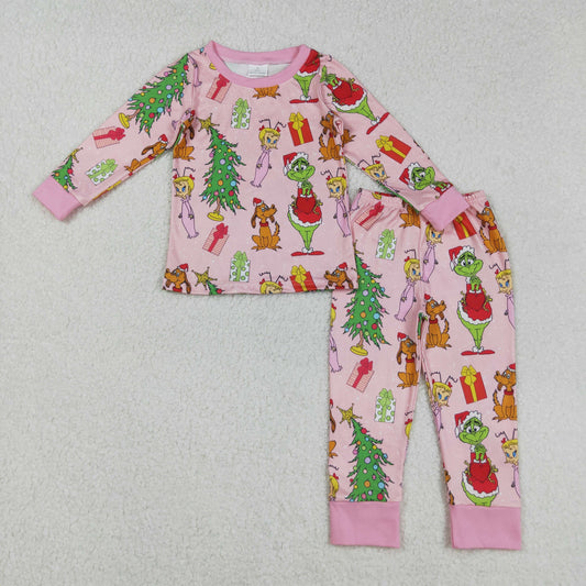GLP2591 Green Frog With Pink Girl Print Girls Christmas Pajamas Clothes Set
