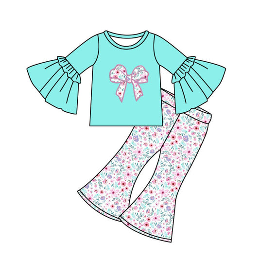 (Pre-order)GLP2593 Bows Flowers Top Bell Pants Girls Clothes Set