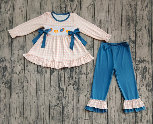 (Pre-order)GLP2594 Turkey Pumpkin Plaid Tunic Top Blue Pants Girls Thanksgiving Clothes Set