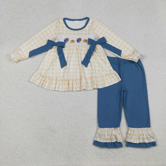GLP2594 Turkey Pumpkin Embroidery Plaid Tunic Top Blue Pants Girls Thanksgiving Clothes Set