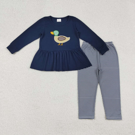 GLP2595 Duck Embroidery Navy Top Stripes Legging Pants Girls Fall Clothes Set