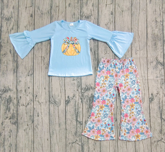 (Pre-order)GLP2596 Pumpkin Blue Top Flowers Bell Pants Girls Fall Clothes Set