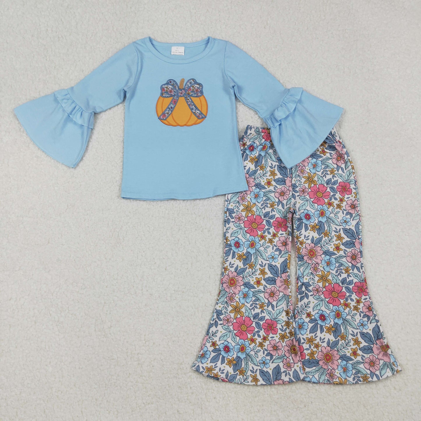 Pumpkin Embroidery Flowers Print Girls Fall Clothes Sisters Matching Wear