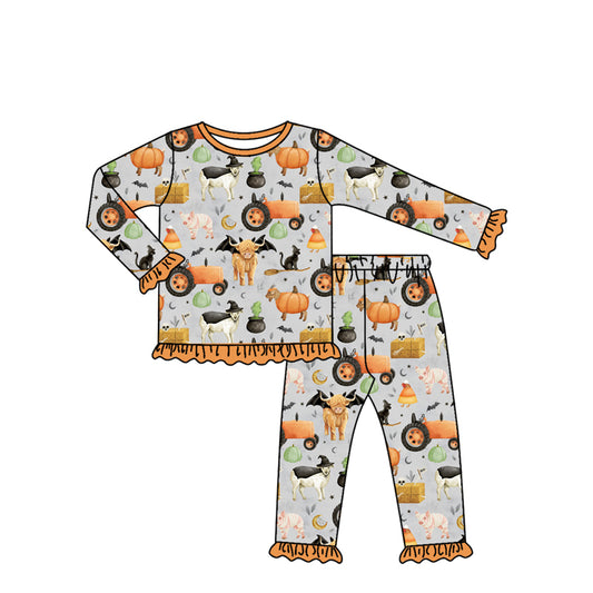 (Pre-order)GLP2598 Farm Animals Pumpkin Print Girls Halloween Pajamas Clothes Set