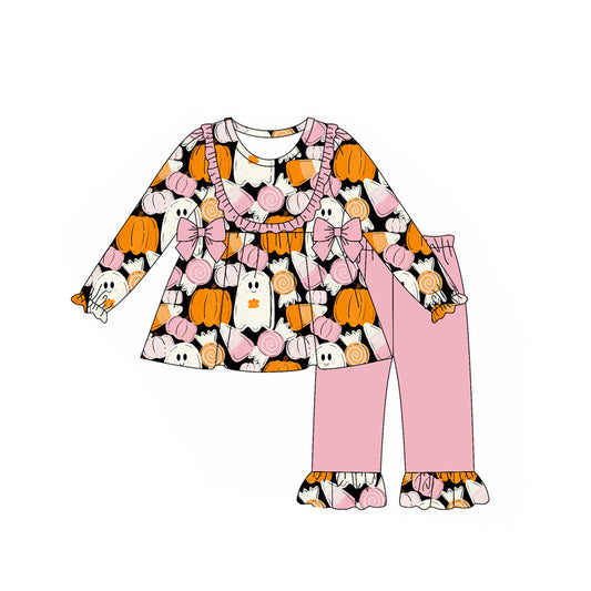 (Pre-order)GLP2599 Spooky Pumpkin Candy Tunic Top FPink Pants Girls Halloween Clothes Set