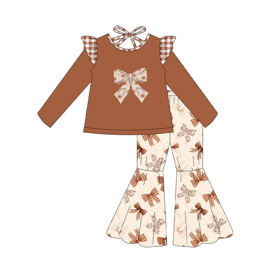 (Pre-order)GLP2600 Brown Bows Top Bell Pants Girls Fall Clothes Set