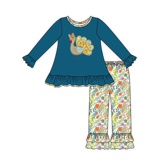 (Pre-order)GLP2601 Turkey Blue Tunic Top Flowers Pants Girls Thanksgiving Clothes Set