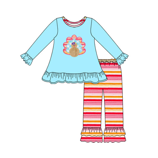 (Pre-order)GLP2602 Turkey Blue Tunic Top Stripes Pants Girls Thanksgiving Clothes Set