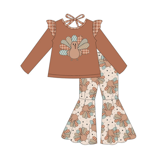 (Pre-order)GLP2605 Turkey Brown Top Bell Pants Girls Thanksgiving Clothes Set