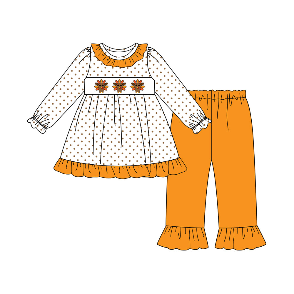 (Pre-order)GLP2606 Turkey Dots Tunic Top Orange Pants Girls Thanksgiving Clothes Set