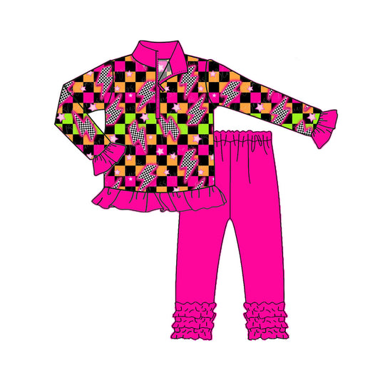 (Pre-order)GLP2607 Flash Plaid Zipper Pullover Top Hot Pink Pants Girls Fall Clothes Set