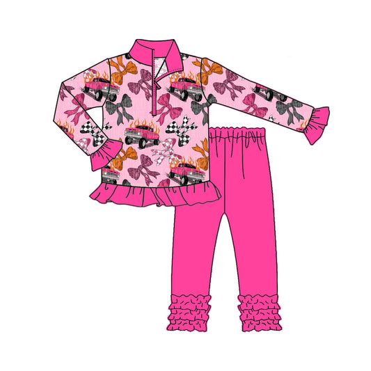(Pre-order)GLP2608 Monster Trucks Bows Zipper Pullover Top Hot Pink Pants Girls Fall Clothes Set