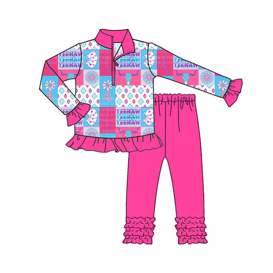 (Pre-order)GLP2609 Cow Skull Aztec Western Zipper Pullover Top Hot Pink Pants Girls Fall Clothes Set