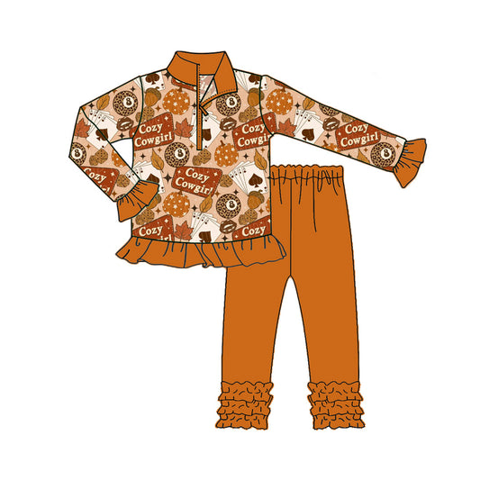 (Pre-order)GLP2610 Cozy Cowgirl Pumpkin Zipper Pullover Top Brown Pants Girls Fall Clothes Set