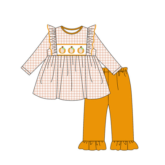(Pre-order)GLP2611 Pumpkin Plaid Tunic Top Orange Pants Girls Fall Clothes Set
