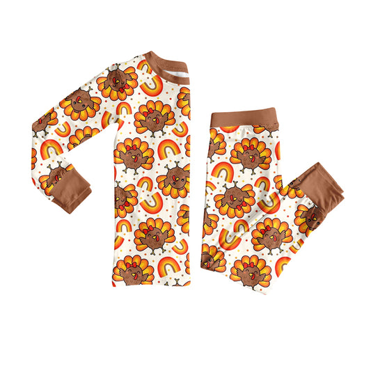 (Pre-order)GLP2613 Turkey Rainbow Print Girls Thanksgiving Pajamas Clothes Set