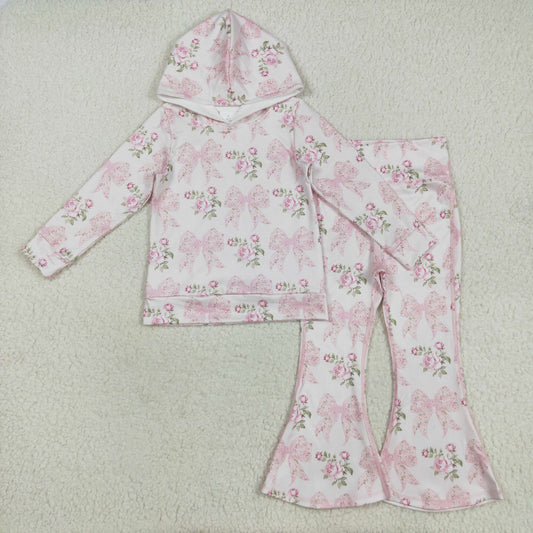 GLP2614 Flowers Pink Bows Hoodie Top Bell Pants Girls Clothes Set
