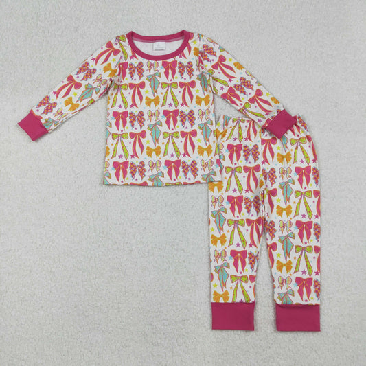 GLP2615 Colorful Bows Print Girls Fall Pajamas Clothes Set