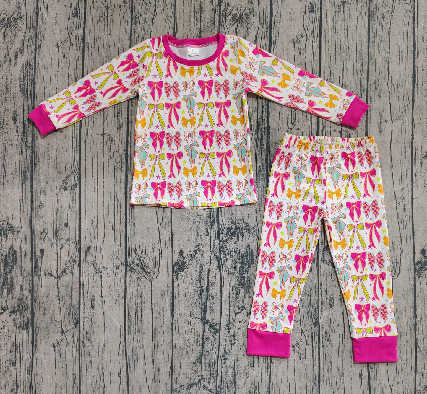 (Custom Design Preorder MOQ 20) Colorful Bows Print Girls Fall Bamboo Pajamas Clothes Set