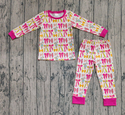 (Custom Design Preorder MOQ 20) Colorful Bows Print Girls Fall Bamboo Pajamas Clothes Set